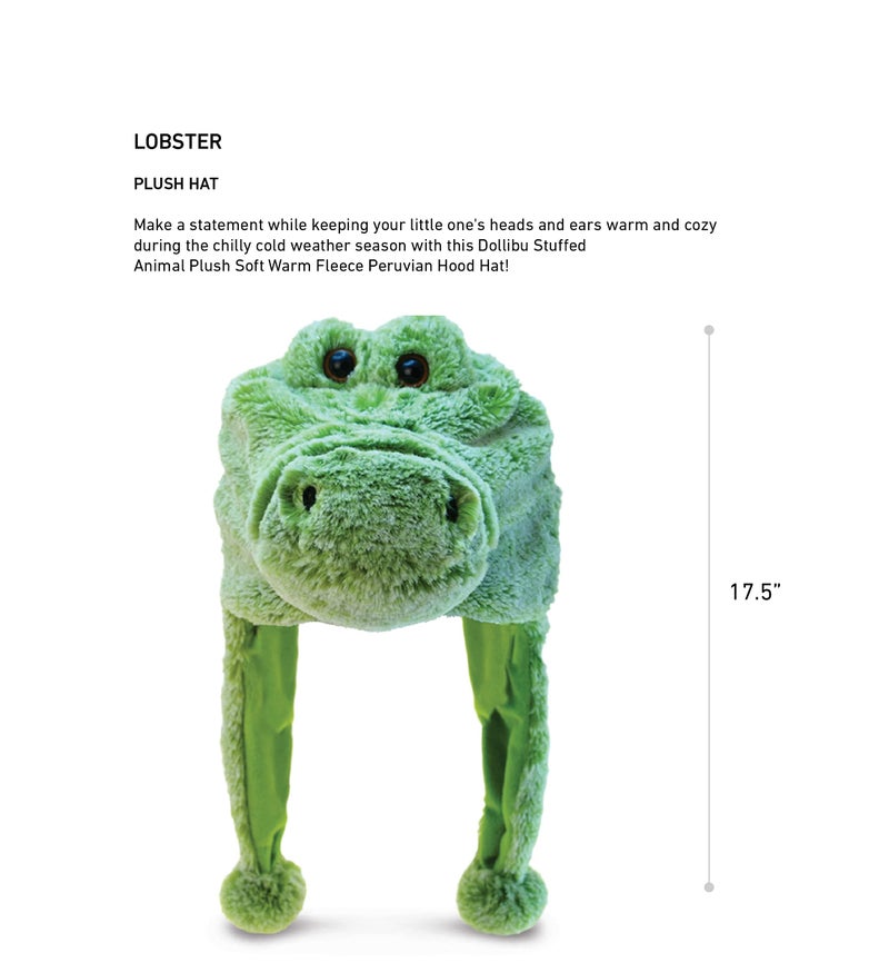 Puzzled DolliBu Stuffed Animal Alligator Plush Hat - Super Soft Wild Animal Winter Beanie With Ear Flaps, Cute Green Plush Costume Hat for Halloween or Cosplay - One Size - Image 2